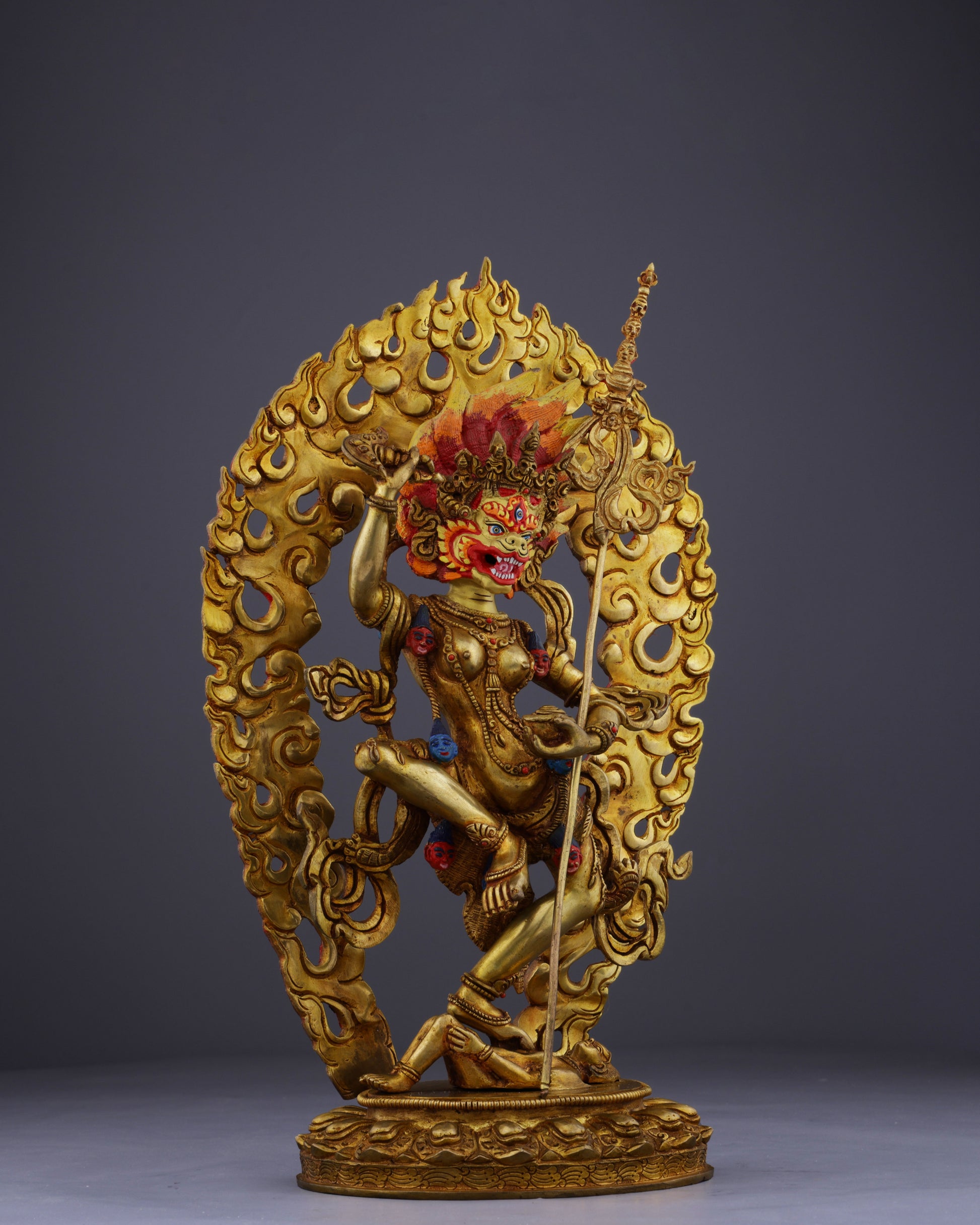 The Lion-Faced Protector | Nepalese Handmade Vintage Gold Simhamukha Statue - Authentic Handcrafted Statue