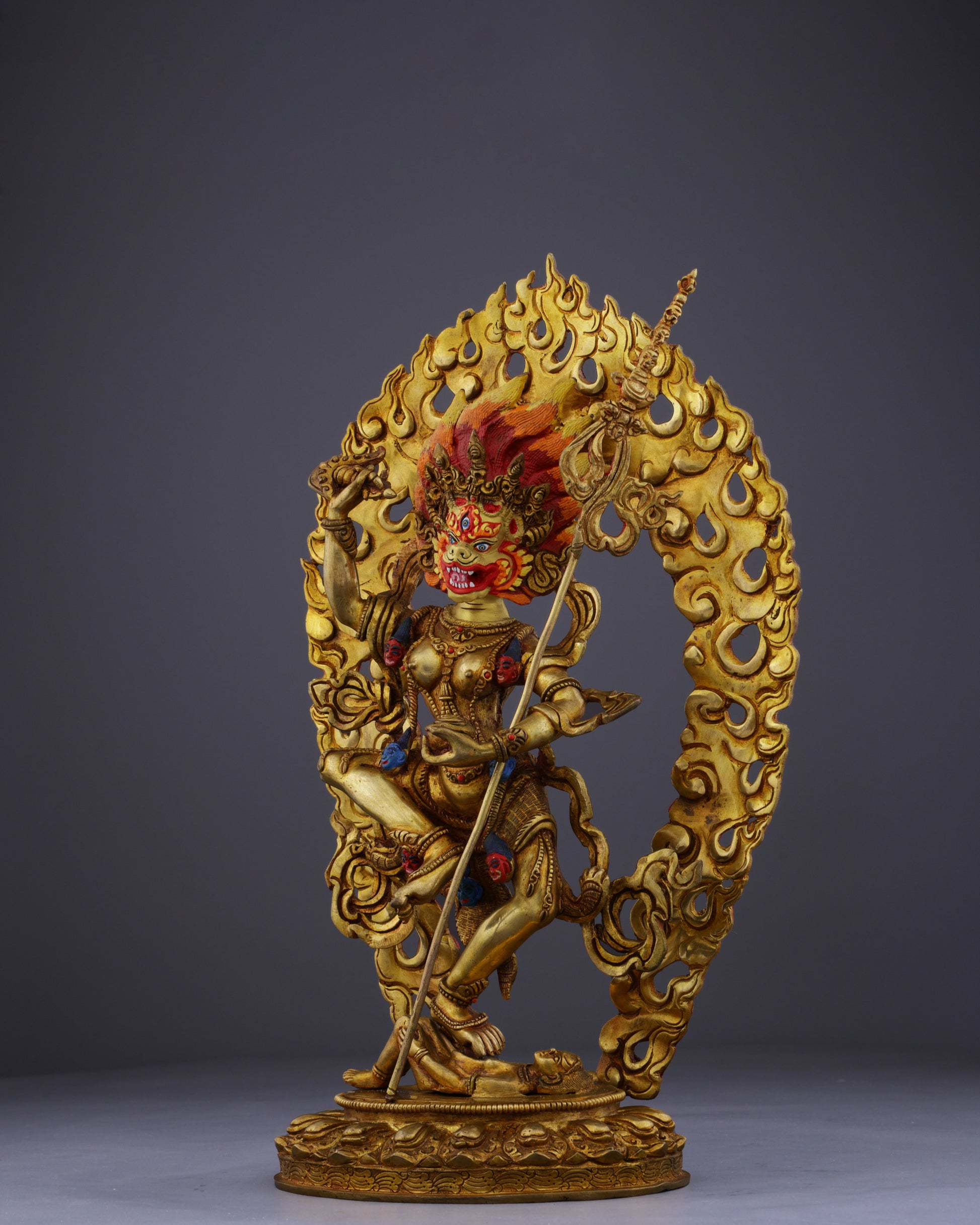 The Lion-Faced Protector | Nepalese Handmade Vintage Gold Simhamukha Statue - Authentic Handcrafted Statue
