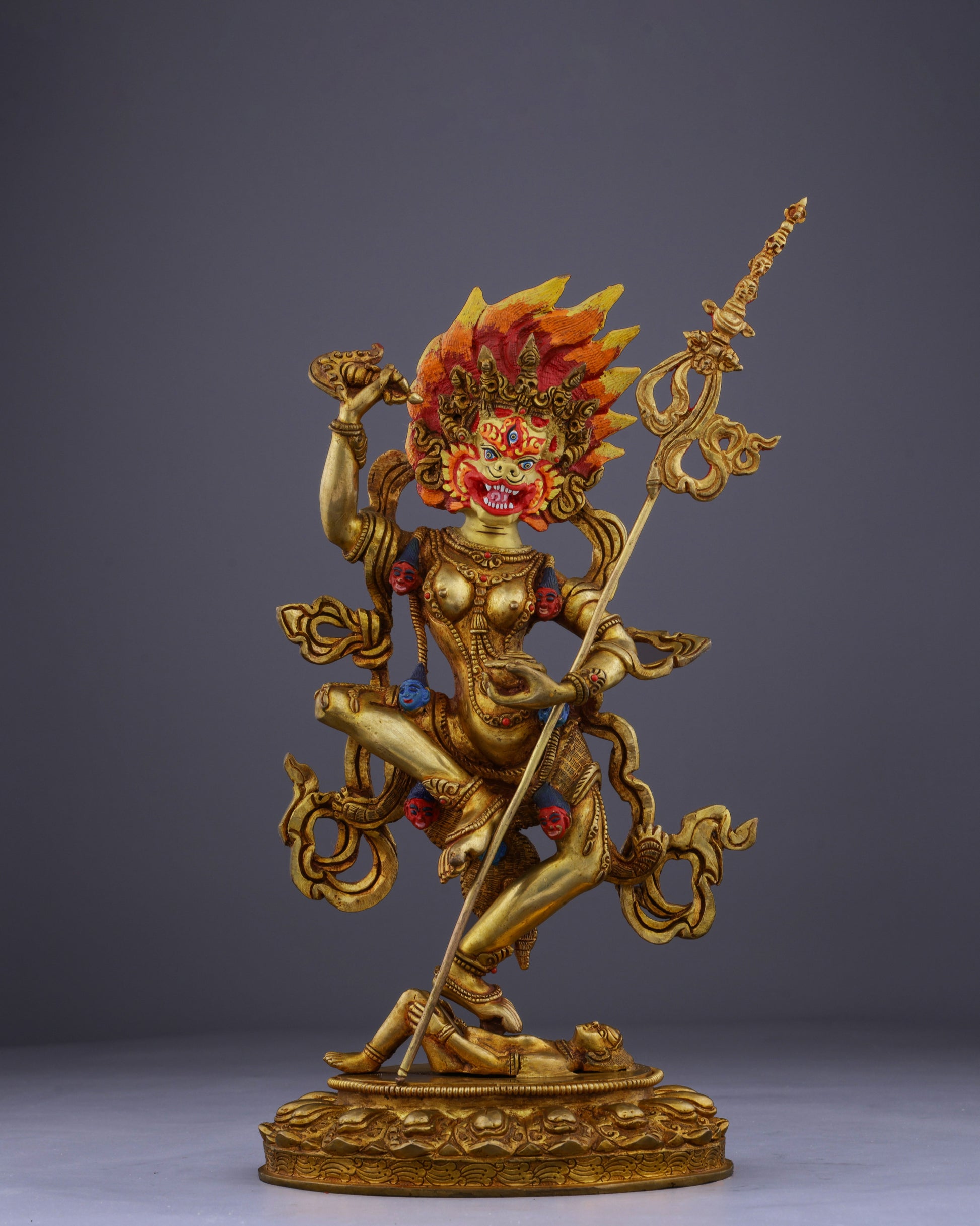 The Lion-Faced Protector | Nepalese Handmade Vintage Gold Simhamukha Statue - Authentic Handcrafted Statue