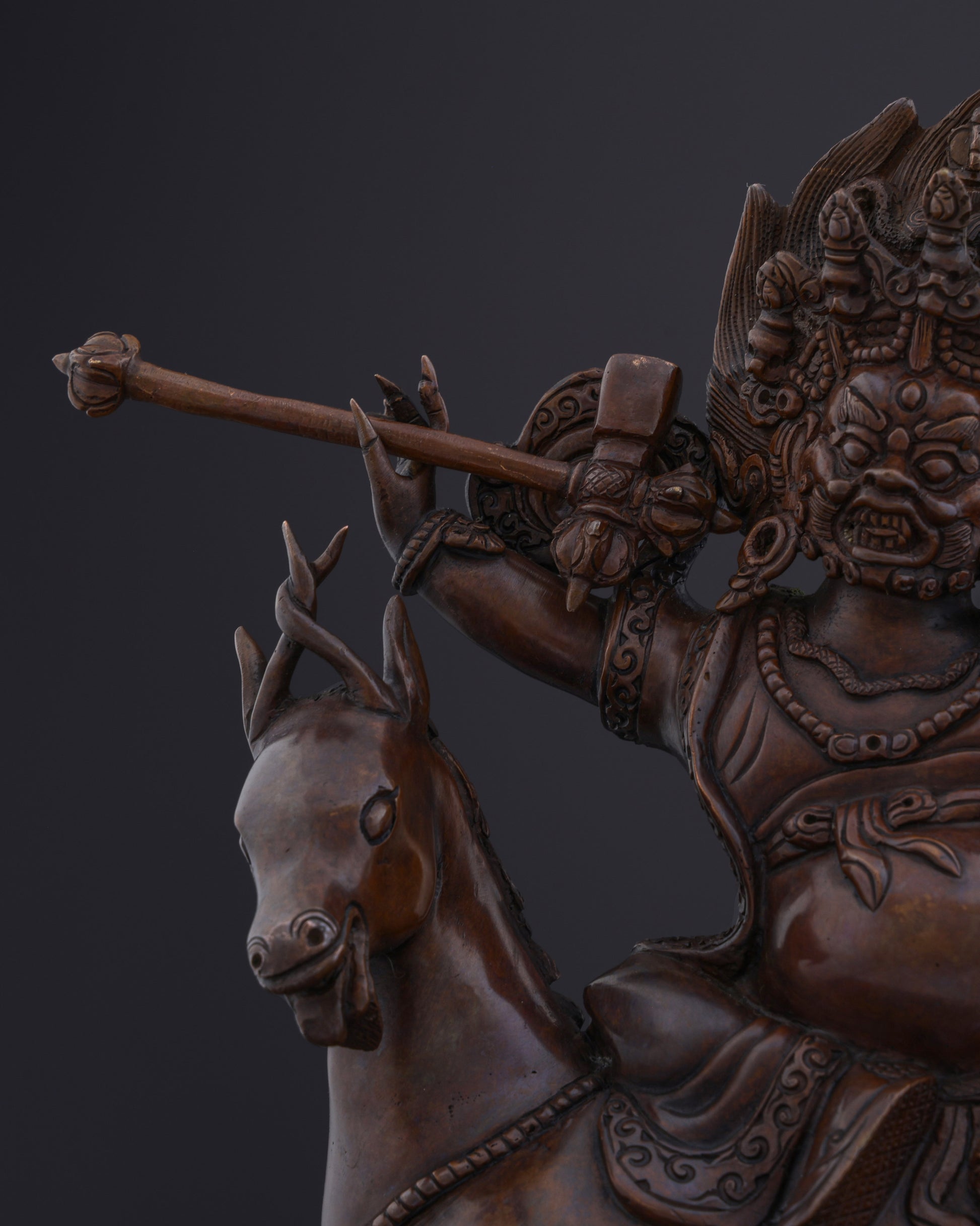 Sacred Guardian of Dharma | The Handmade Oxidized Garwa Nagpo Damchen Statue - Authentic Handcrafted Statue