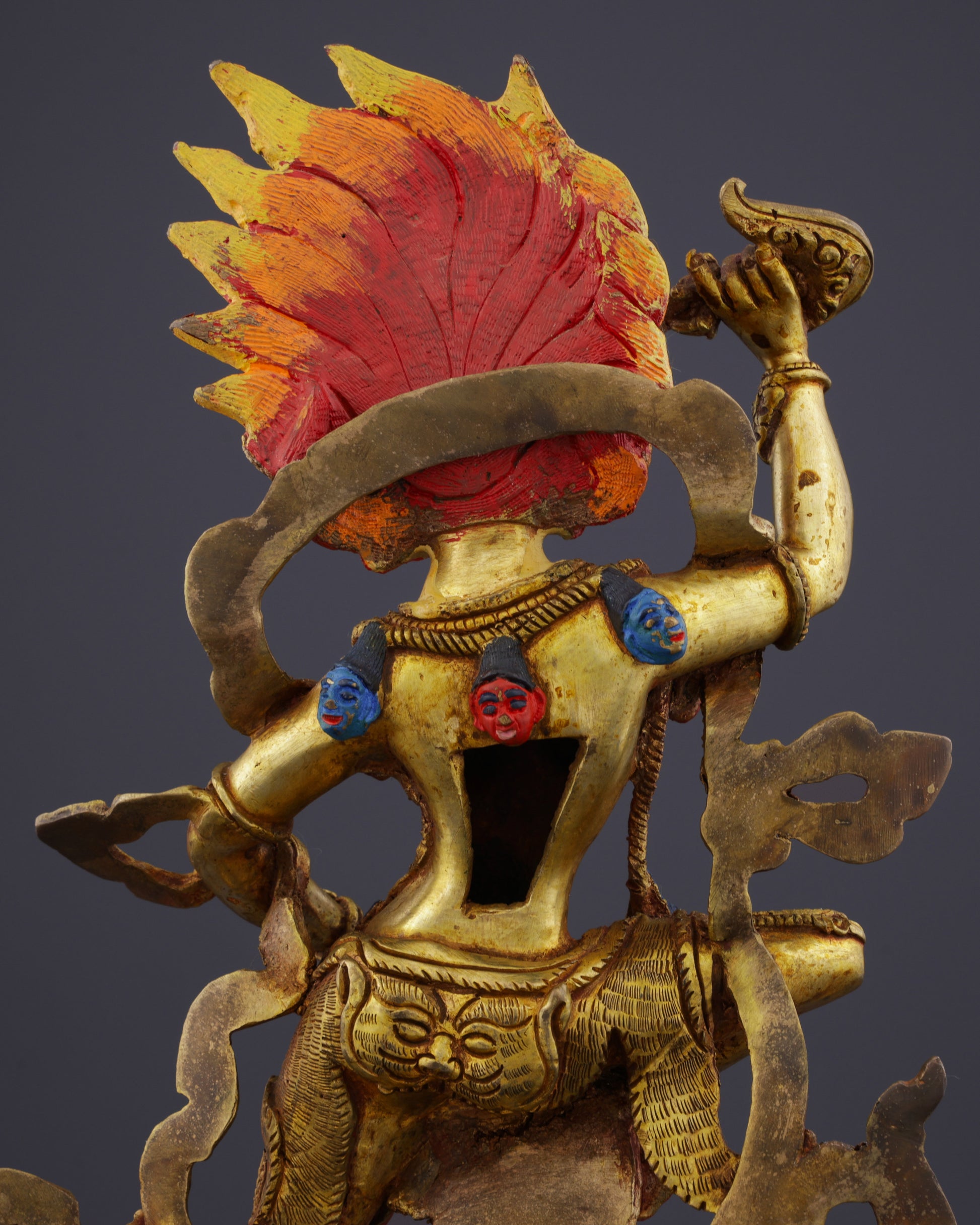 The Lion-Faced Protector | Nepalese Handmade Vintage Gold Simhamukha Statue - Authentic Handcrafted Statue