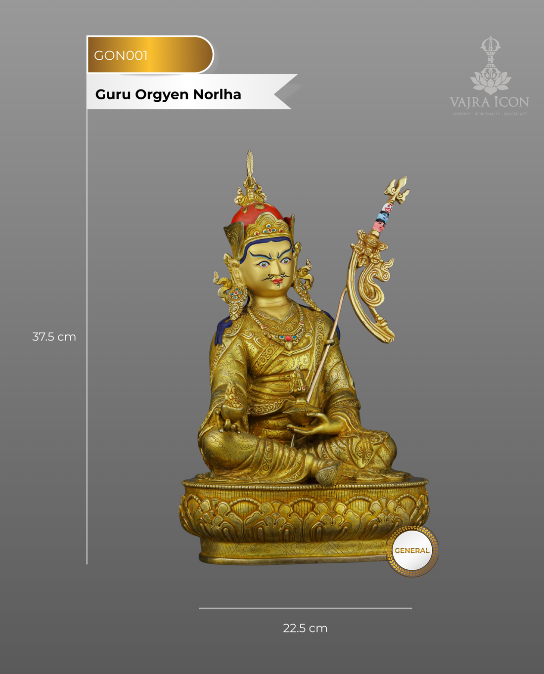 24K Gold Gilded Guru Orgyen Norlha Statue | Treasure Revealer of Padmasambhava