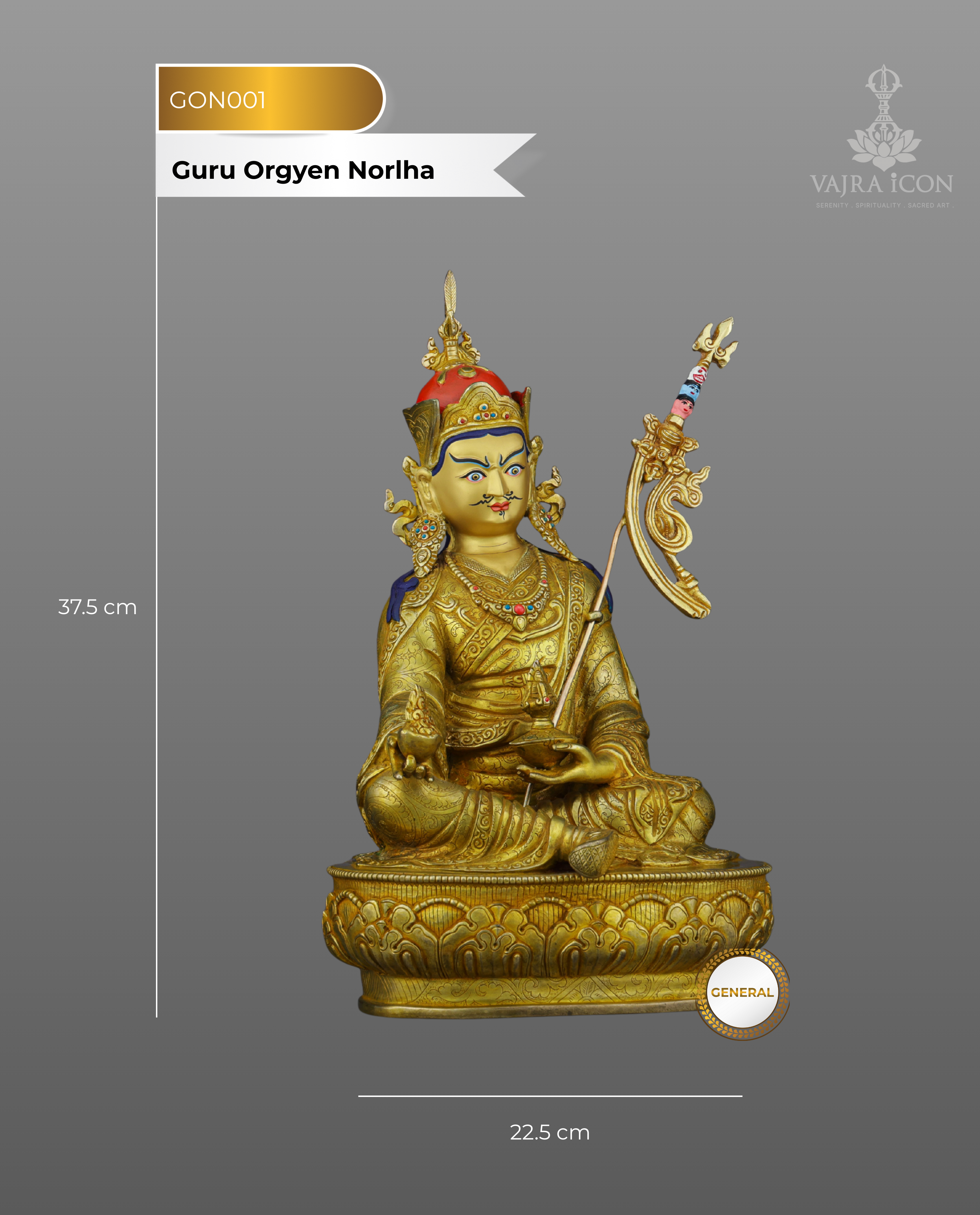 24K Gold Gilded Guru Orgyen Norlha Statue | Treasure Revealer of Padmasambhava