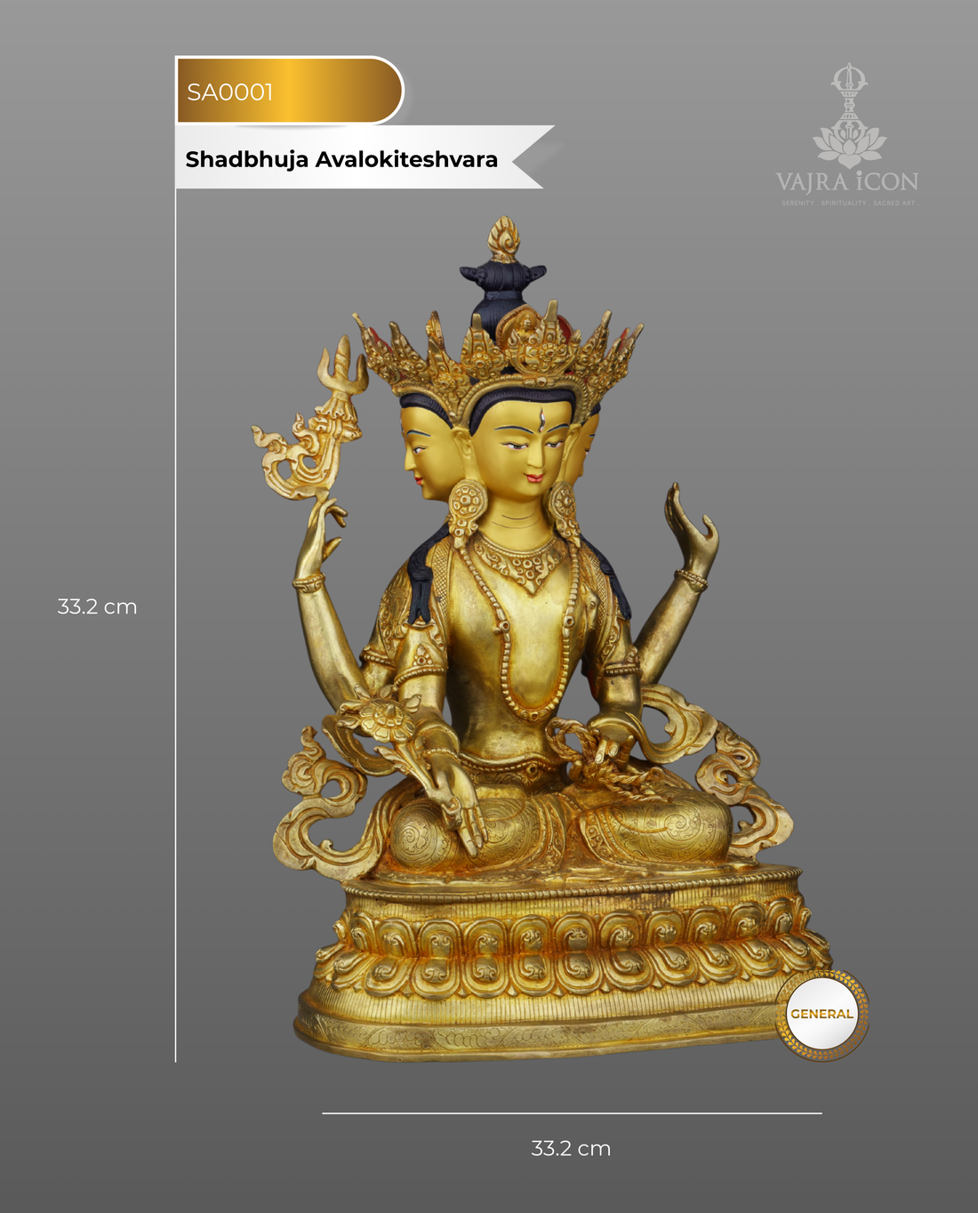 Six-Armed Compassion | Exquisite Nepalese Shadbhuja Avalokiteshvara Statue in 24K Gold