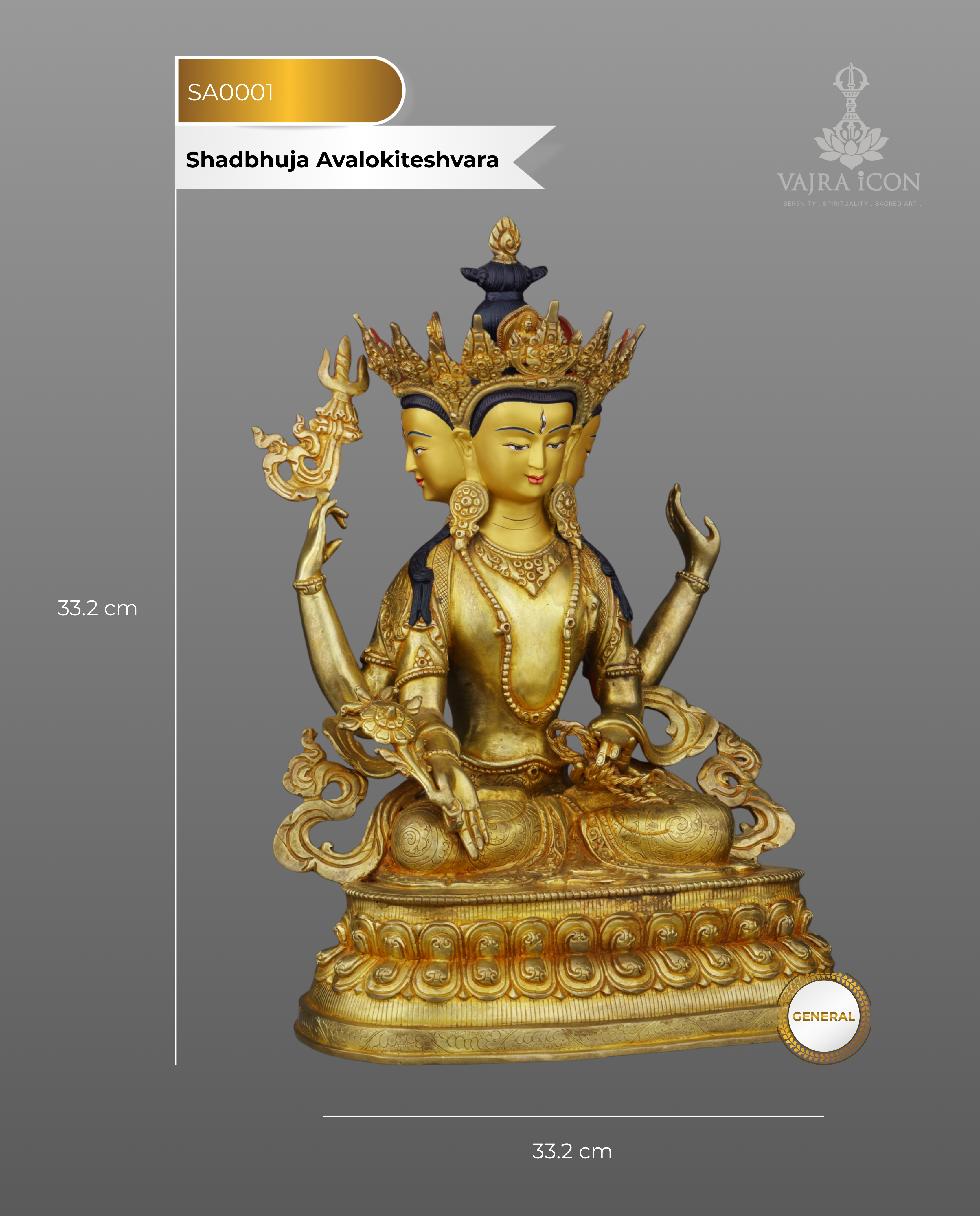 Six-Armed Compassion | Exquisite Nepalese Shadbhuja Avalokiteshvara Statue in 24K Gold