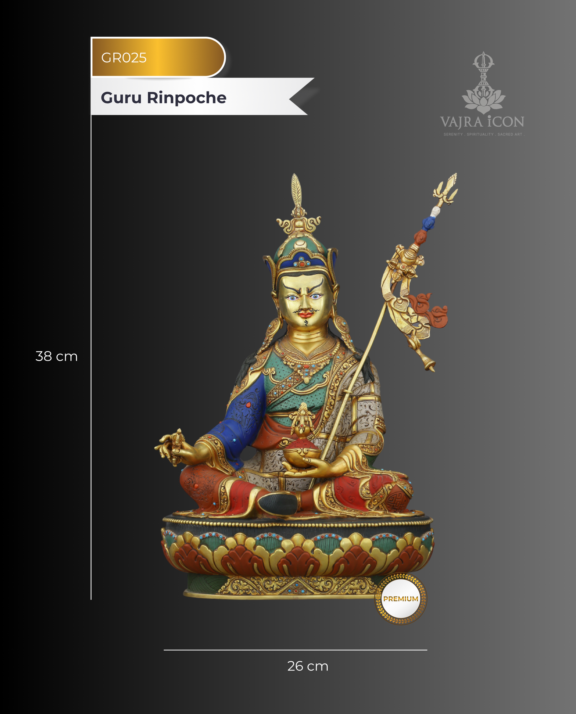 Majestic 24K Gold Gilded Guru Rinpoche Statue - Authentic Handcrafted Statue