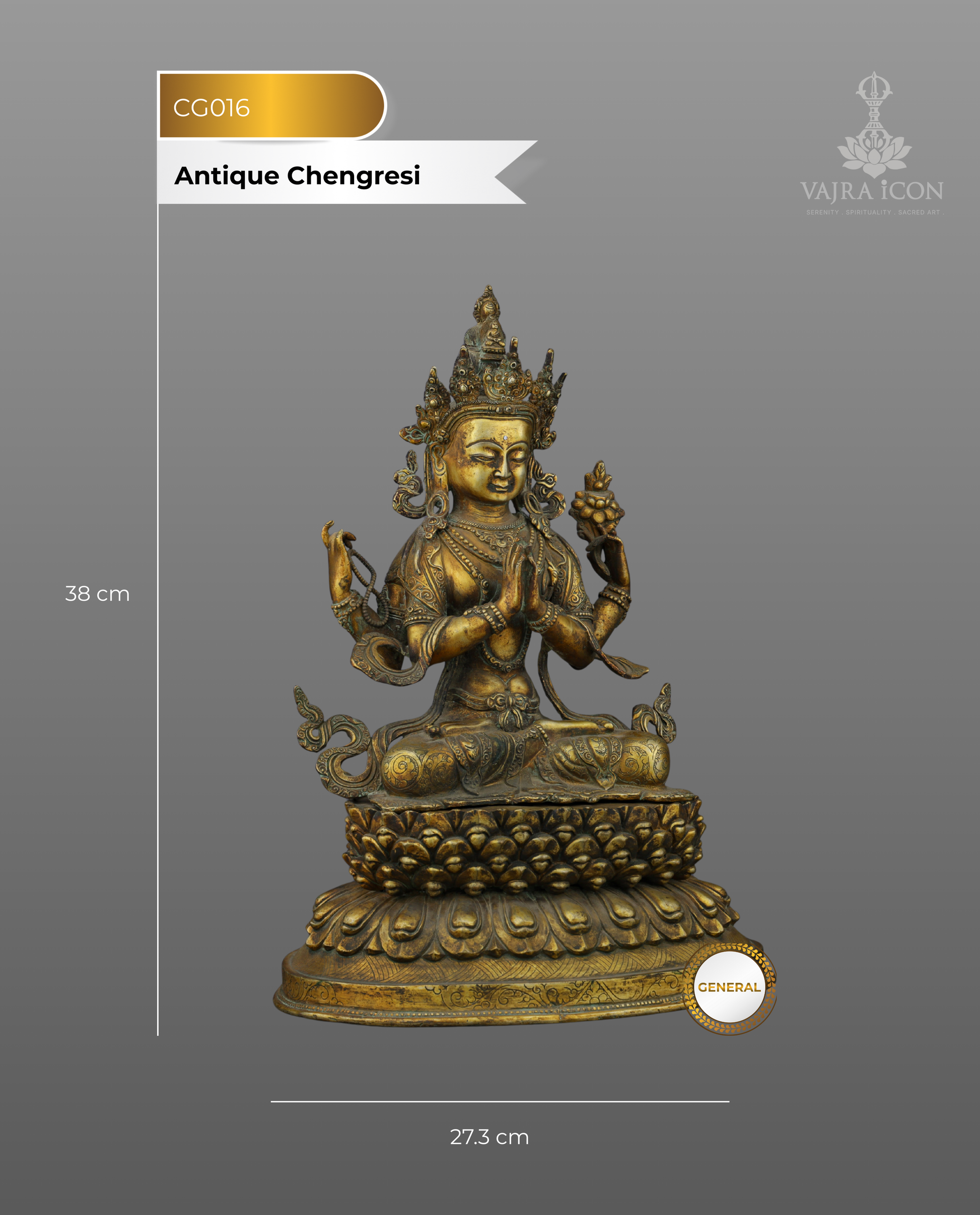 Antique Chengresi Statue | Golden Guardian of Compassion - Authentic Handcrafted Statue