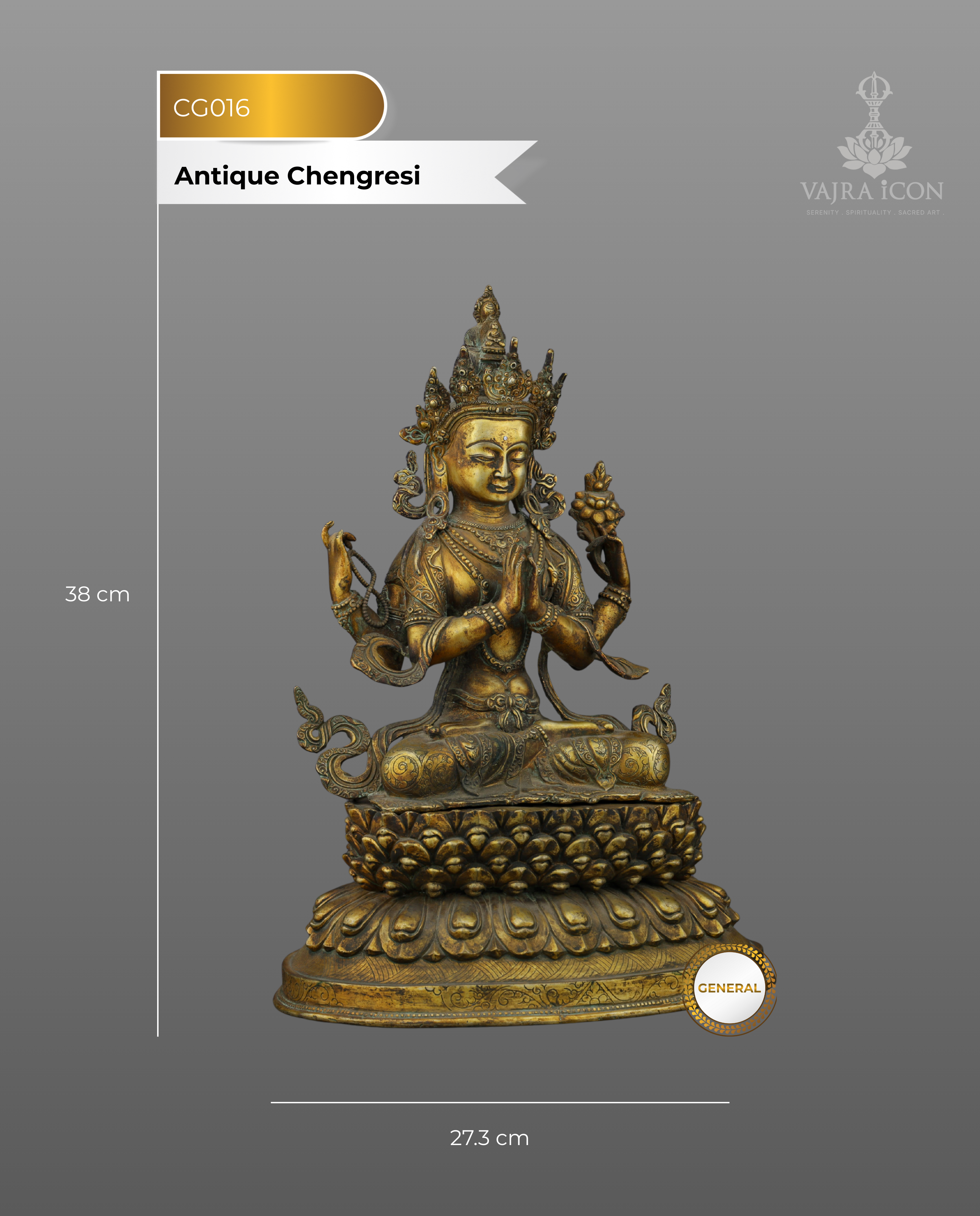 Antique Chengresi Statue | Golden Guardian of Compassion