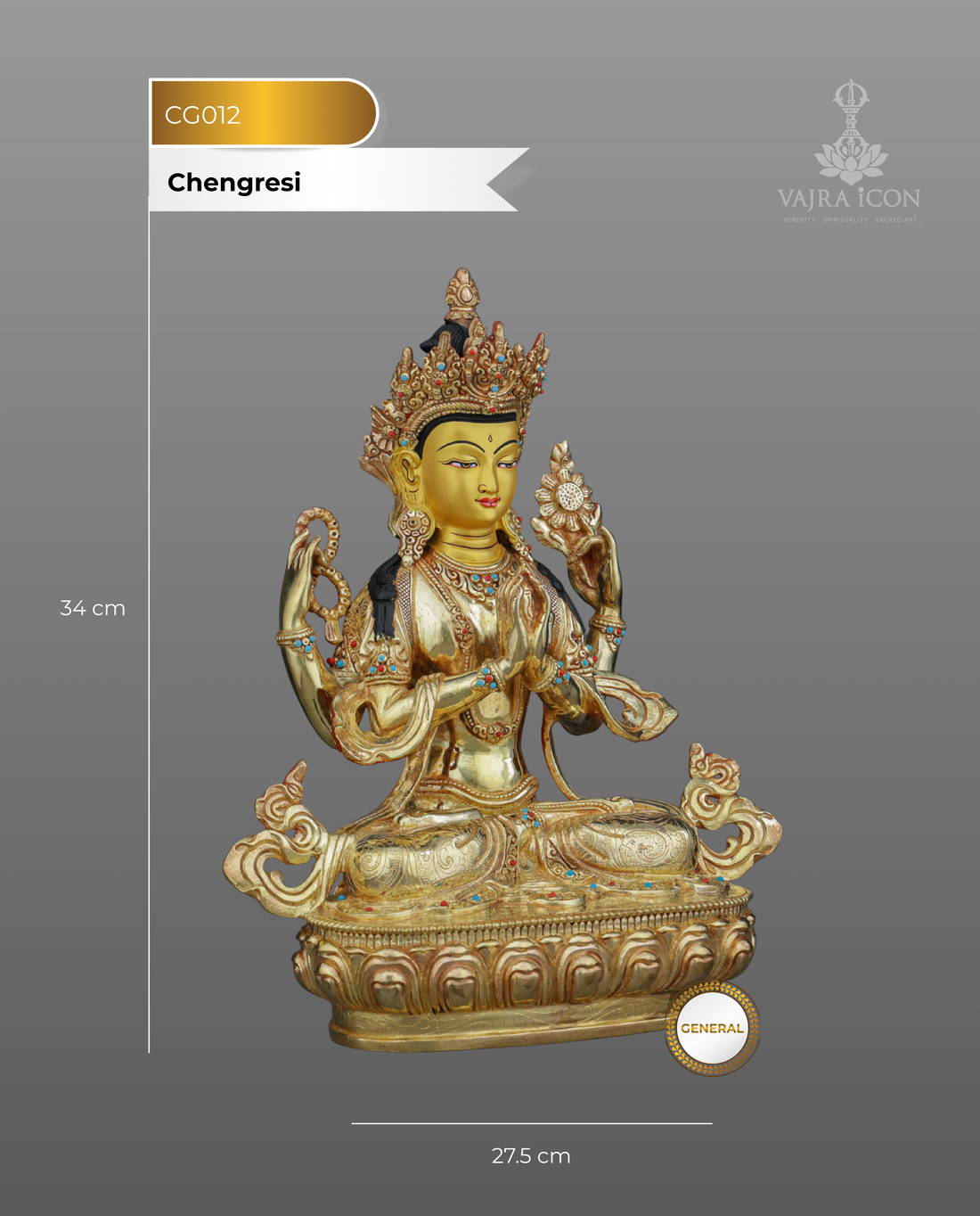 Chengresi | Divine Embodiment of Infinite Compassion in Pure Gold - Handcrafted Buddhist Statue - Authentic Sacred Art