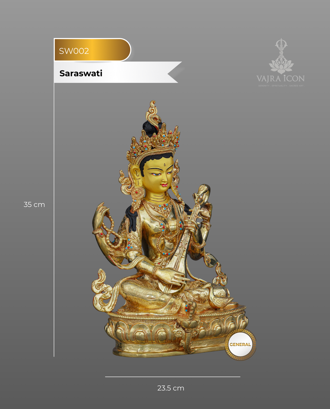 Handcrafted Saraswati Statue | Divine Goddess of Wisdom and Arts in Radiant 24K Gold - Handcrafted Buddhist Statue - Authentic Sacred Art