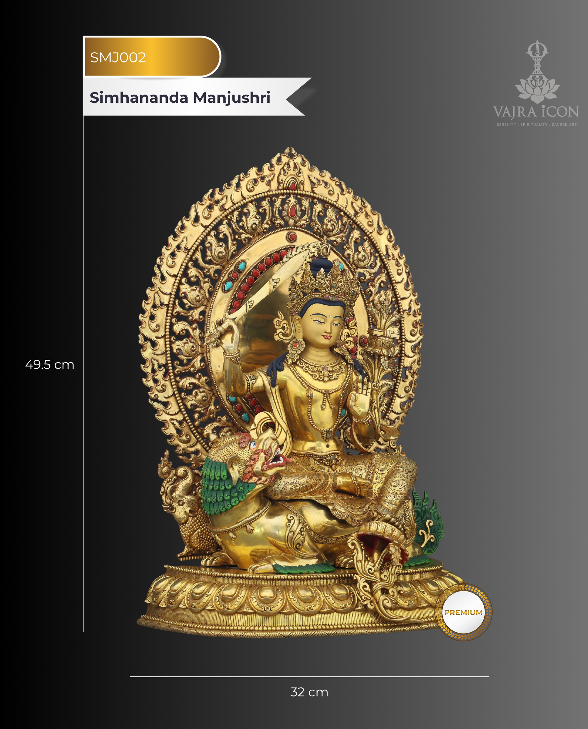 Simhanada Manjushri | The Lion-Roaring Bodhisattva of Wisdom Enthroned in Gold - Authentic Handcrafted Statue