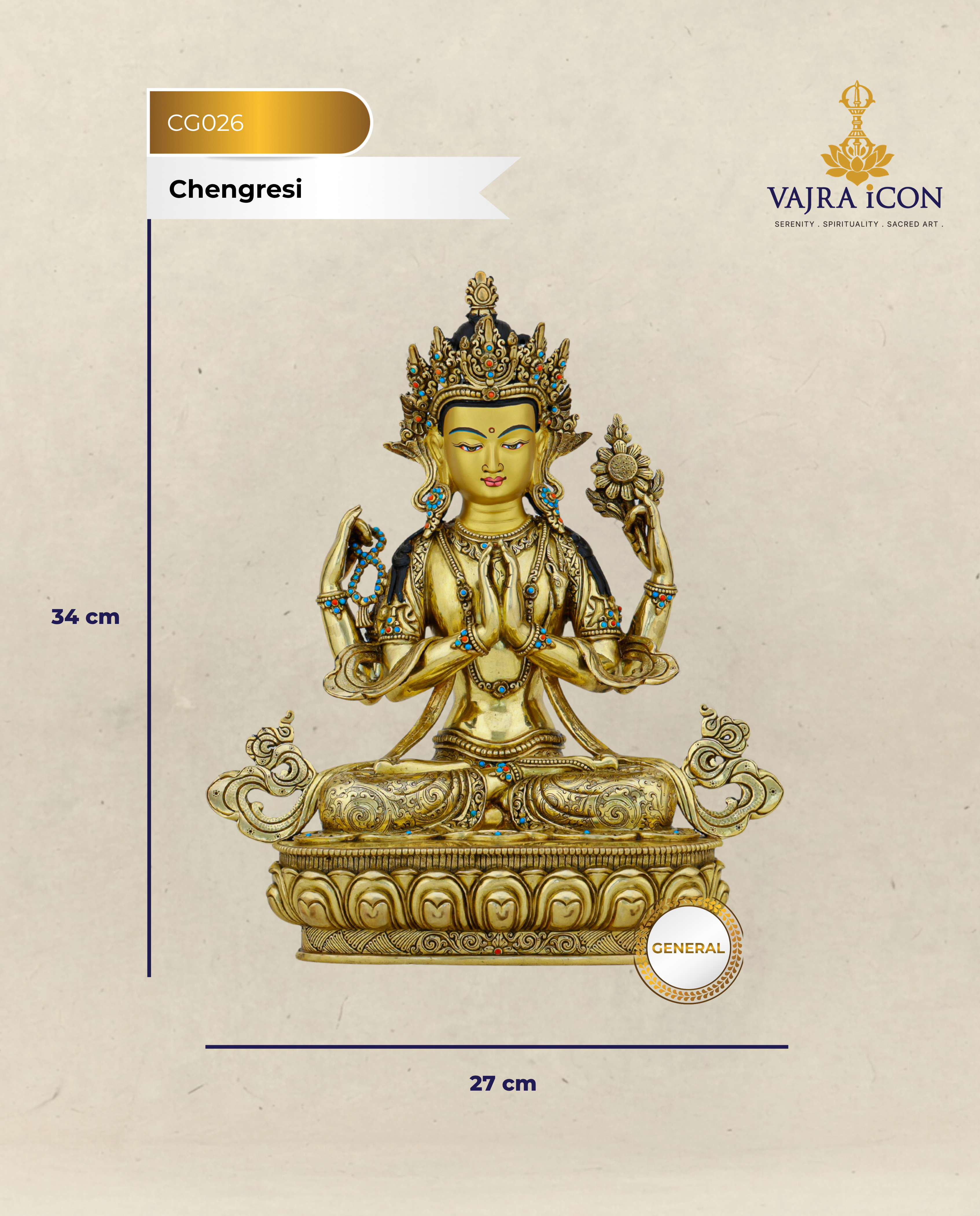 Four Arms, One Heart | Nepalese 24K Gold Chengresi Statue That Holds the World in Compassion